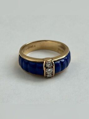 Van Cleef & Arpels Ring Pave Diamond Lapis Lazuli Carved 18K Yellow Gold 50 US 5